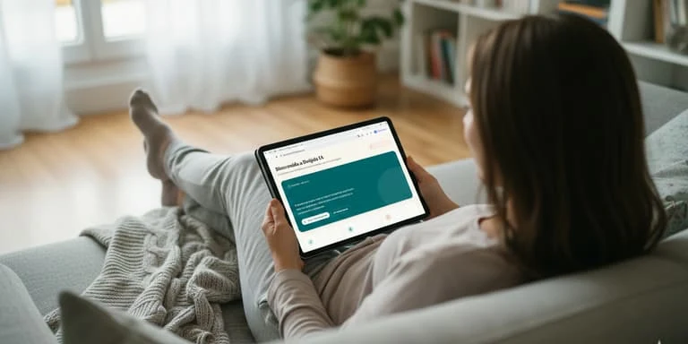 Una mujer en el sofá consulta la app Brújula IA en su tablet