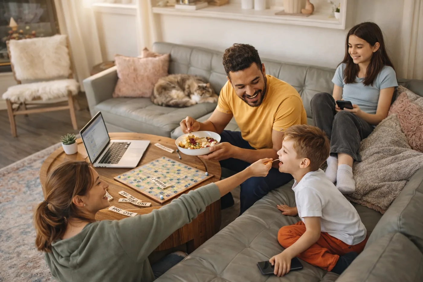 Una familia riendo en el salón mientras juega a un juego de palabras