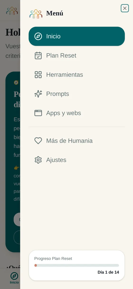 Menú de la app Brújula IA abierto